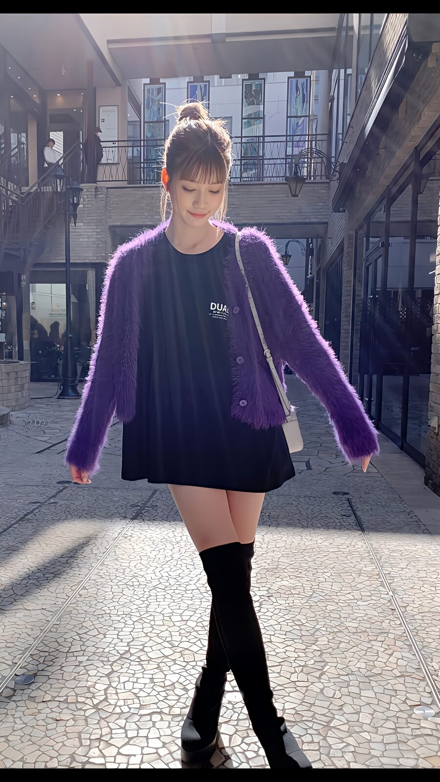 ニーハイブーツを履いた女性が立っている